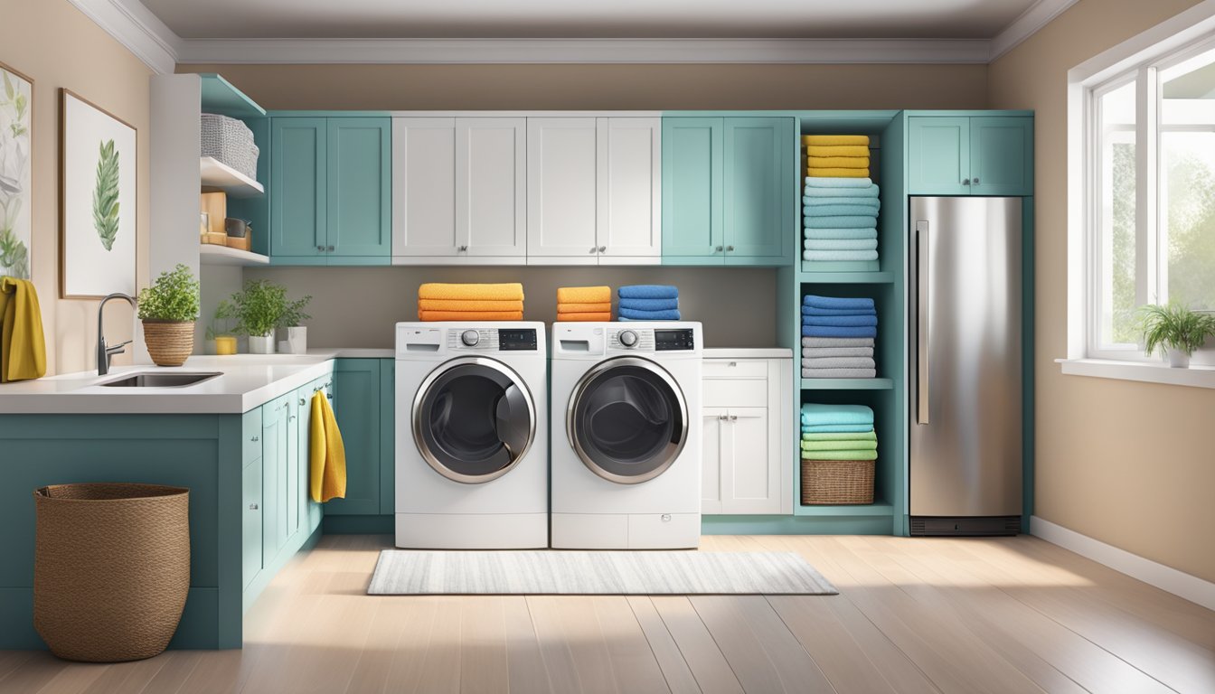 A modern washer and dryer set in a bright, spacious laundry room with sleek, stainless steel appliances and colorful, neatly folded towels nearby