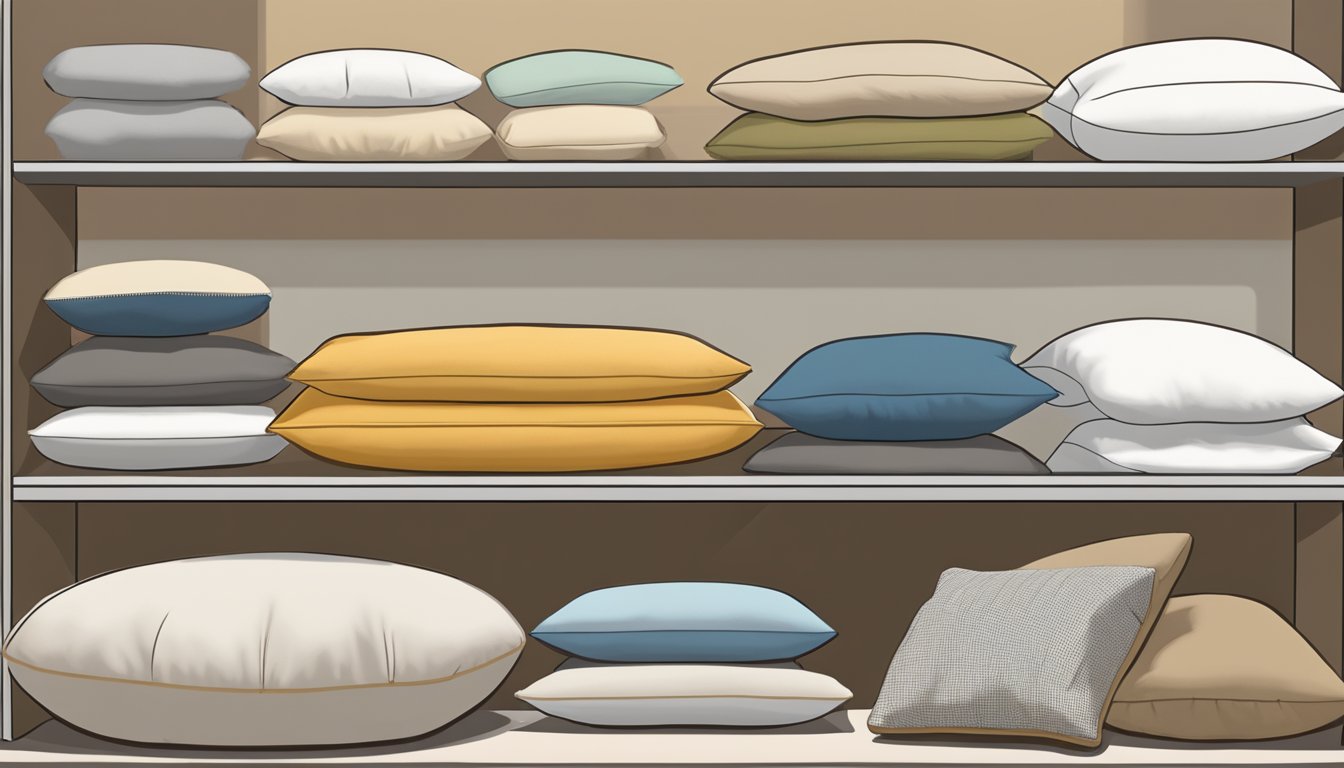 Various types of pillows displayed on a shelf, including memory foam, down, and buckwheat, with labels indicating their unique features