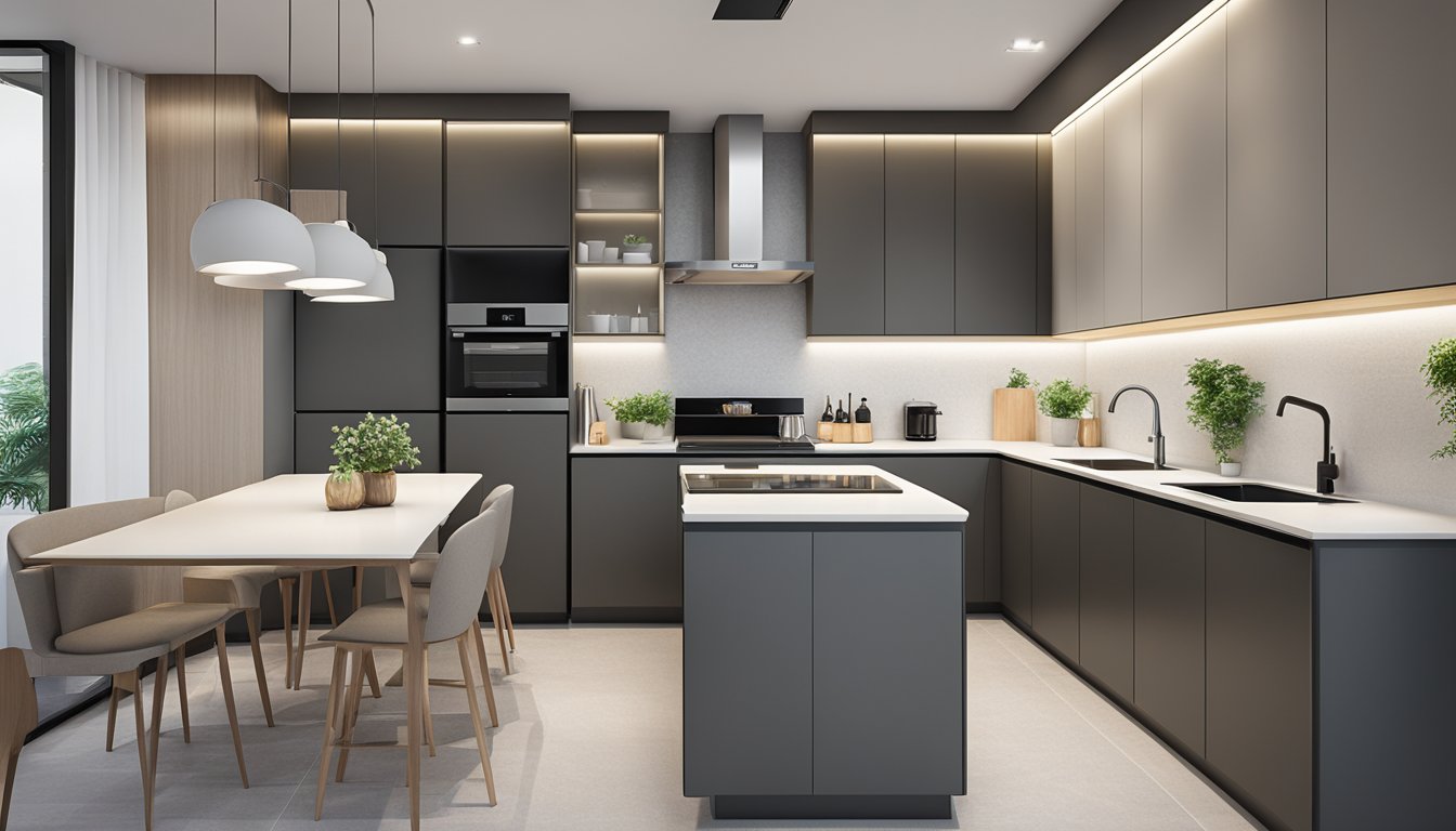 A modern HDB kitchen with sleek cabinet design, integrated appliances, and minimalist decor