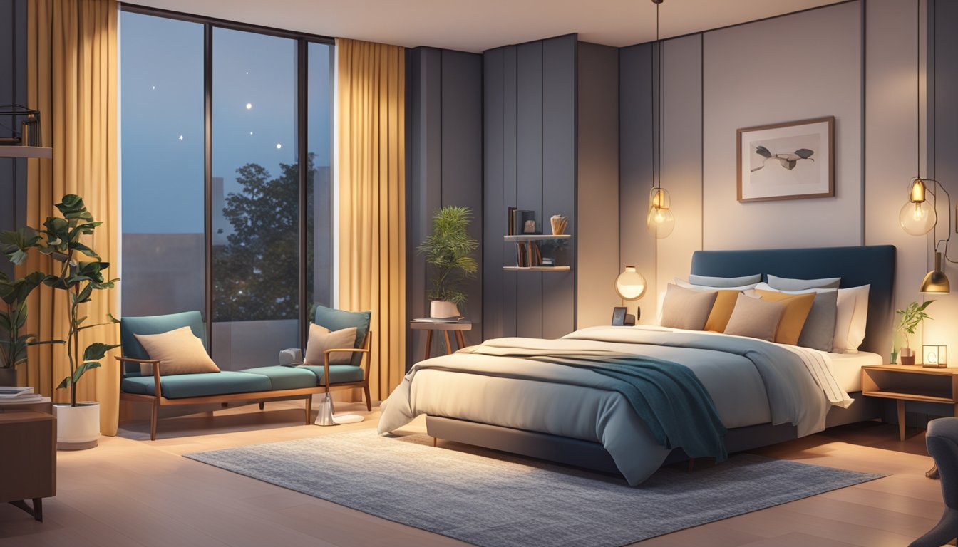 A cozy bedroom with a modern design, featuring a comfortable bed, stylish nightstands, and soft lighting