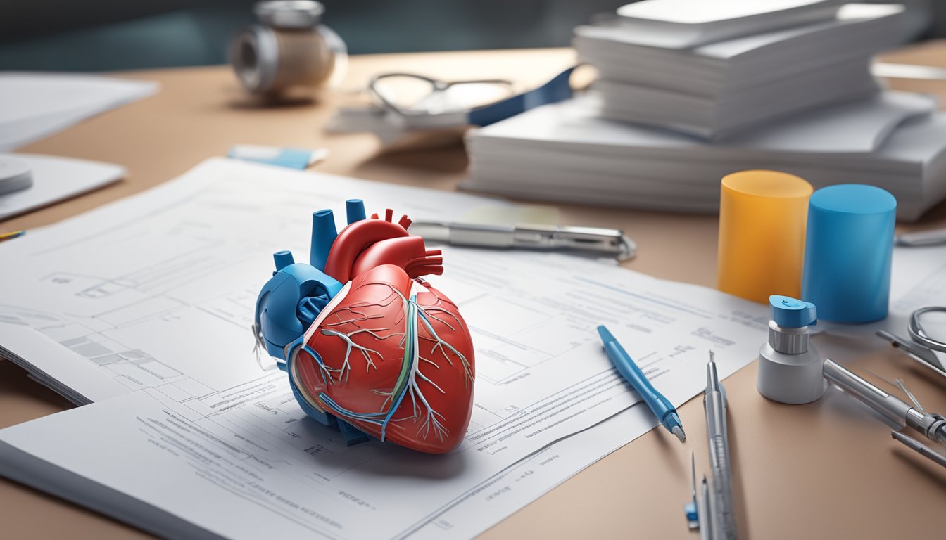 A medical heart model sits on a table, surrounded by TGA documents