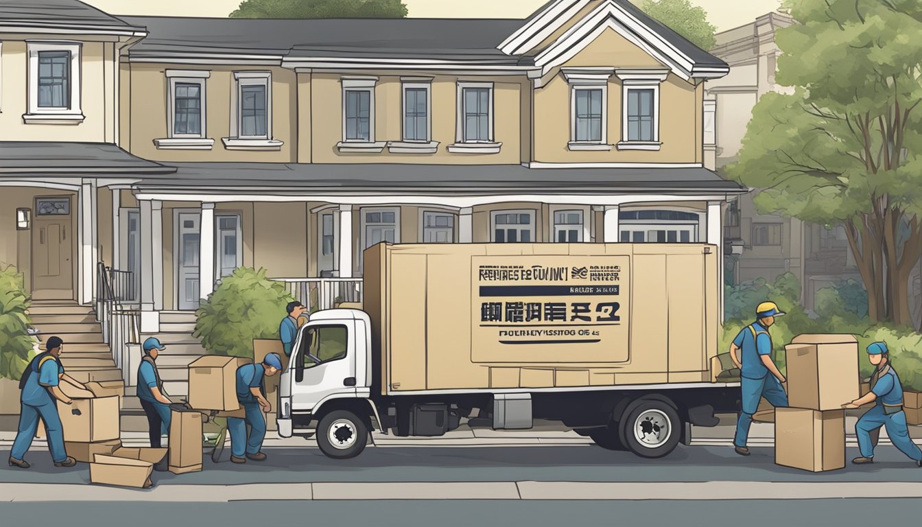 A moving truck parked outside a house, workers carrying furniture, and a sign with "Frequently Asked Questions furniture removal singapore" displayed prominently