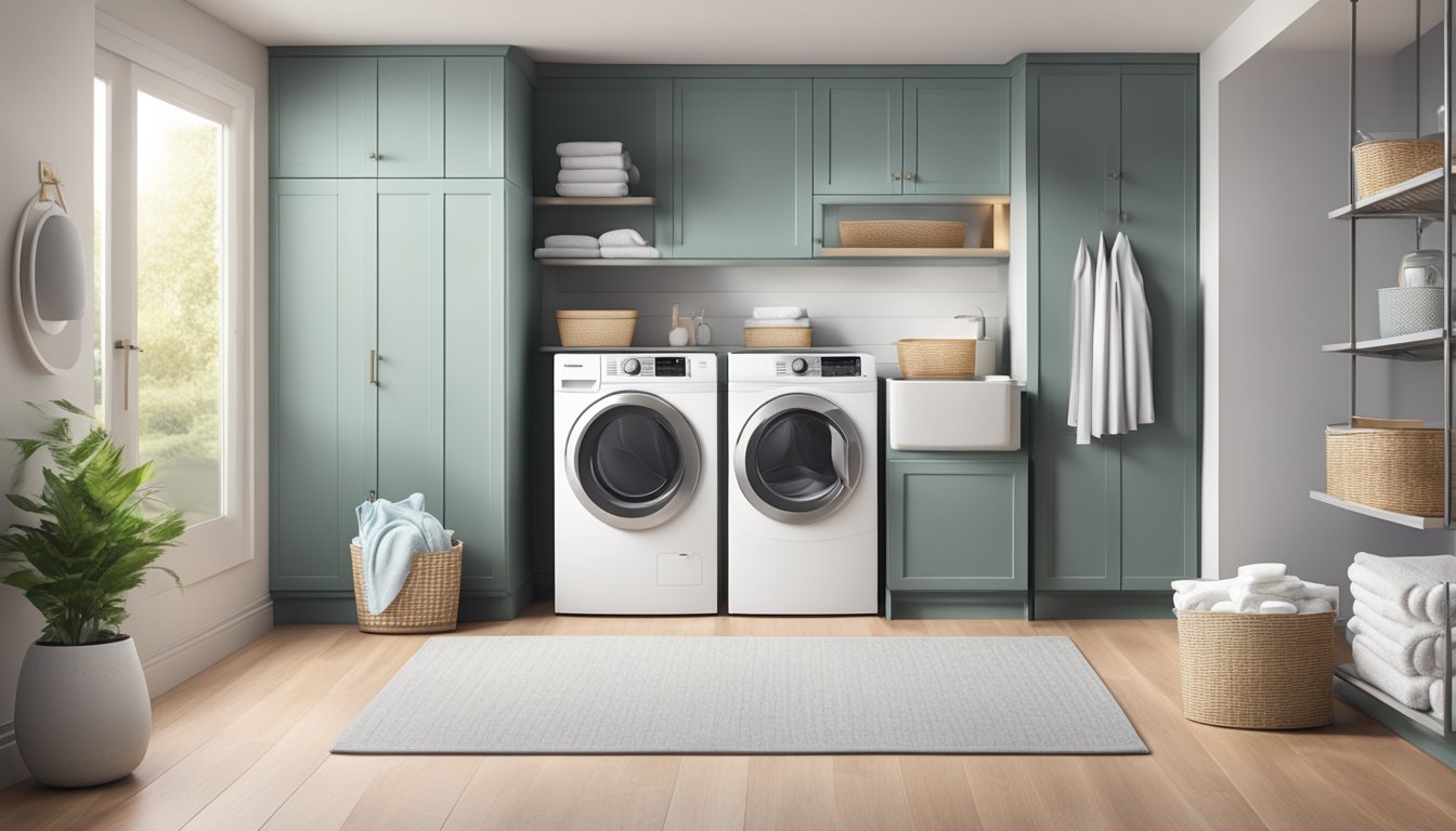 A modern washer and dryer set, sleek and efficient, sits in a bright and spacious laundry room, surrounded by neatly folded towels and freshly scented laundry detergent