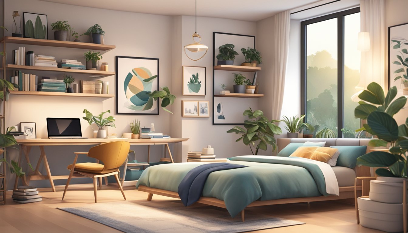 A cozy bedroom with a modern design, featuring a comfortable bed, stylish furniture, and soft lighting. A bookshelf and desk add functionality, while plants and artwork bring personality to the space