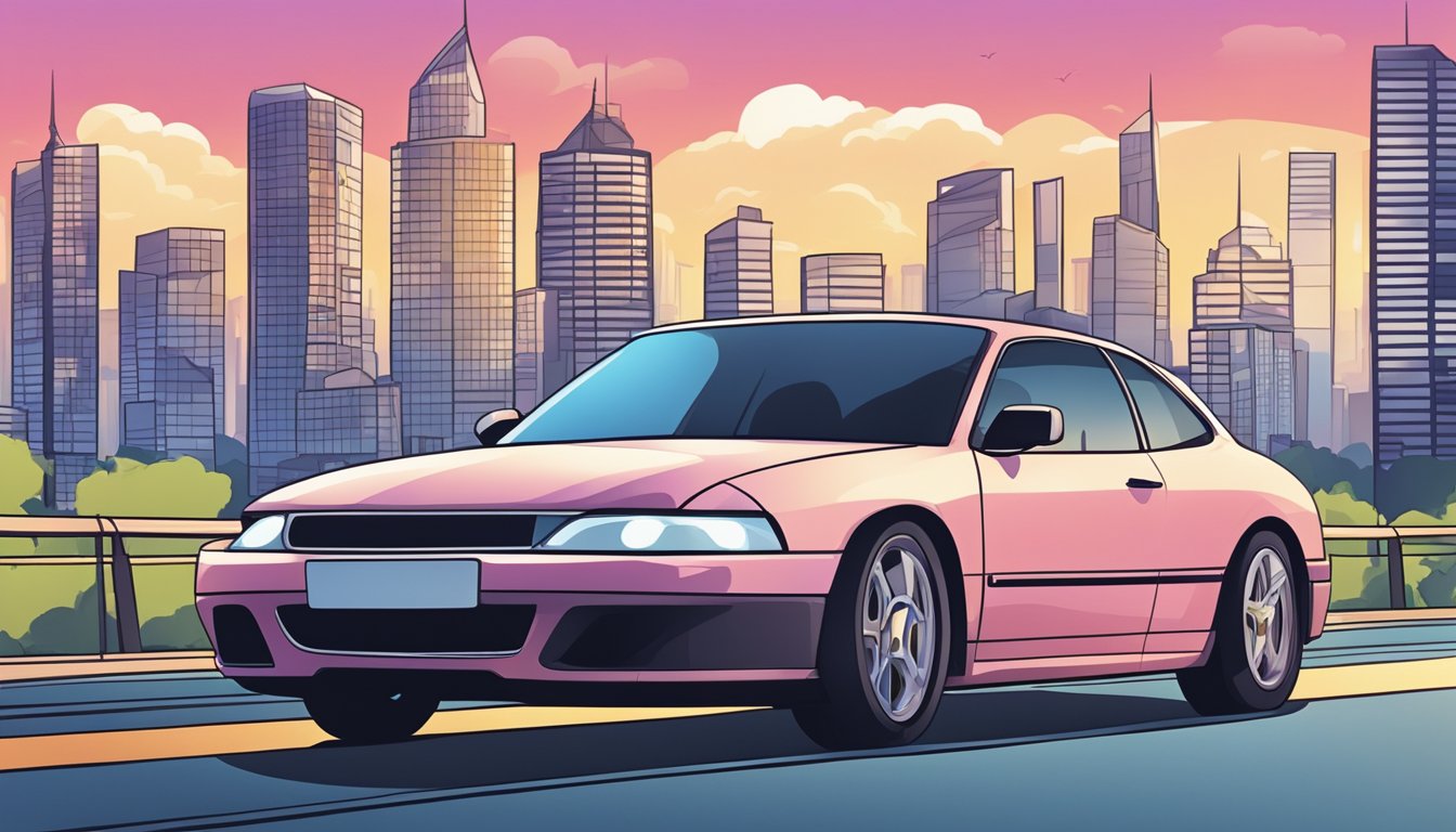 A car parked in front of a modern city skyline with a price tag and salary figures in the background