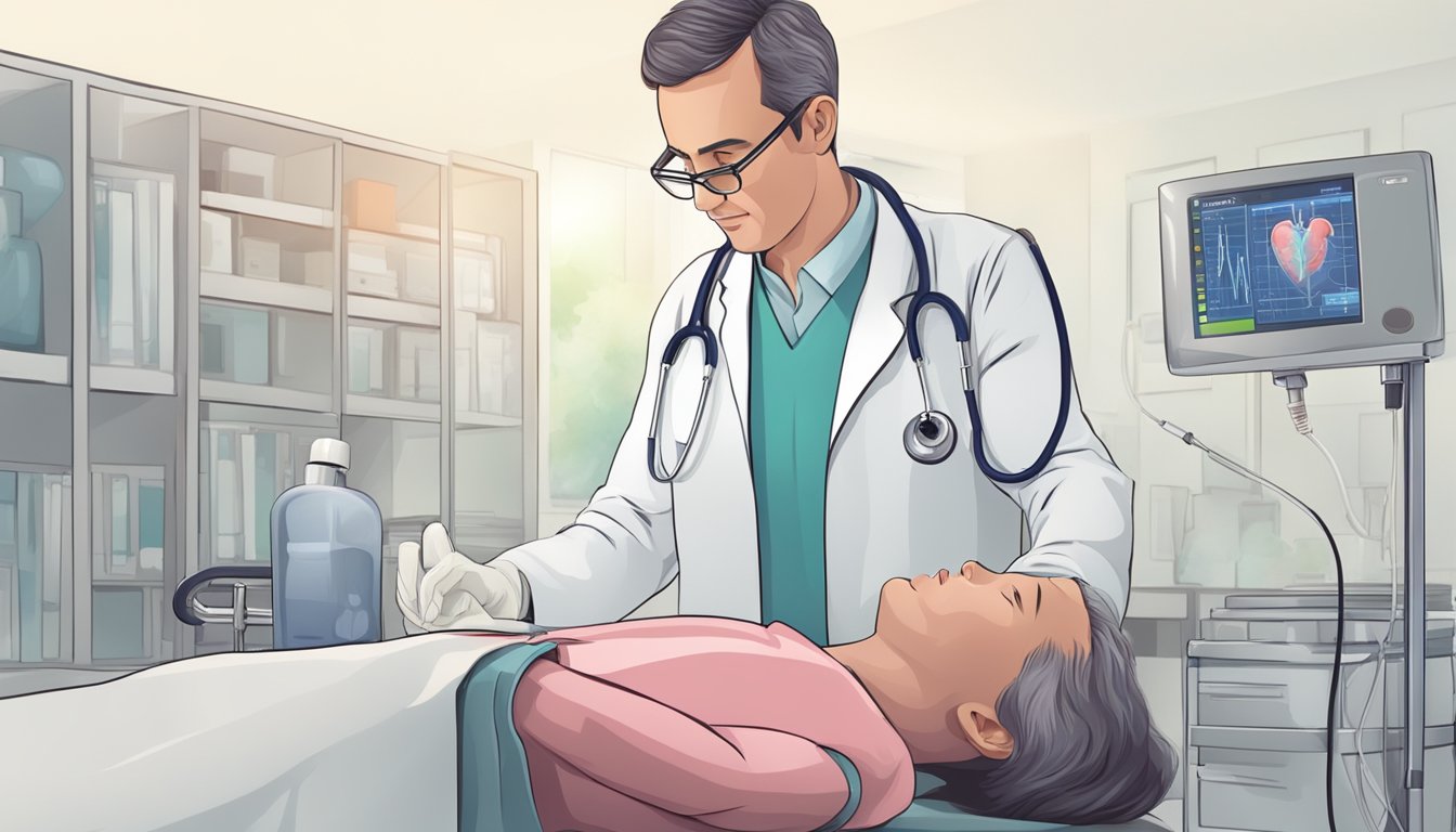 A doctor monitors a patient's heart with medical equipment