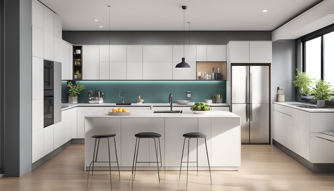 A modern kitchen with sleek, white HDB cabinets, clean lines, and ample storage space