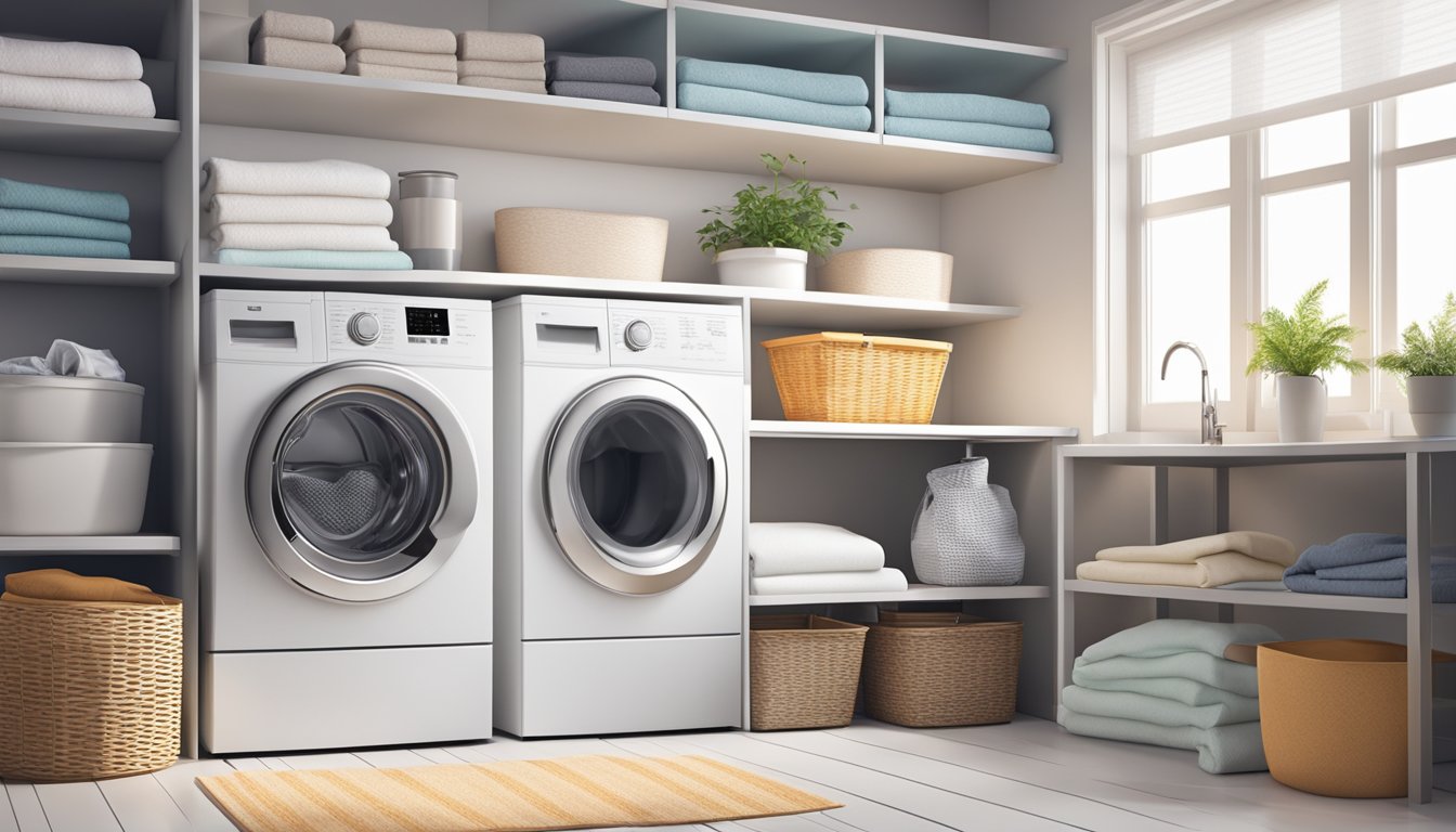 A modern washer and dryer set in a bright, clean laundry room with shelves of neatly folded towels and a basket of clothes waiting to be washed