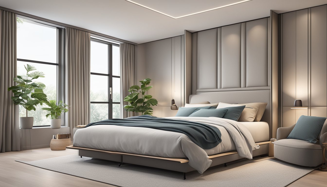 A cozy bedroom with a foldable mattress set up on a sleek, modern bed frame. Soft, neutral-colored bedding and pillows add to the inviting atmosphere