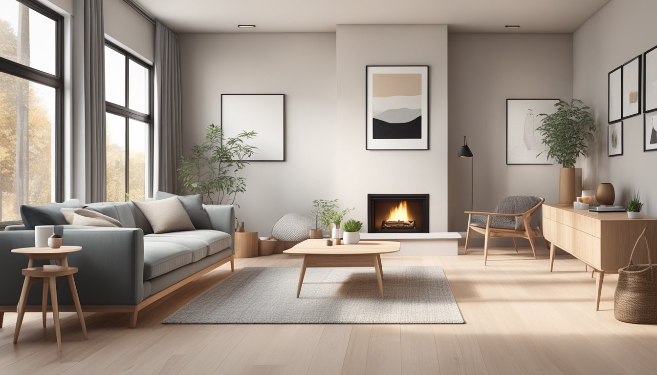 A cozy Scandinavian interior with clean lines, natural light, minimalistic furniture, and neutral colors. A fireplace and wooden accents add warmth and texture