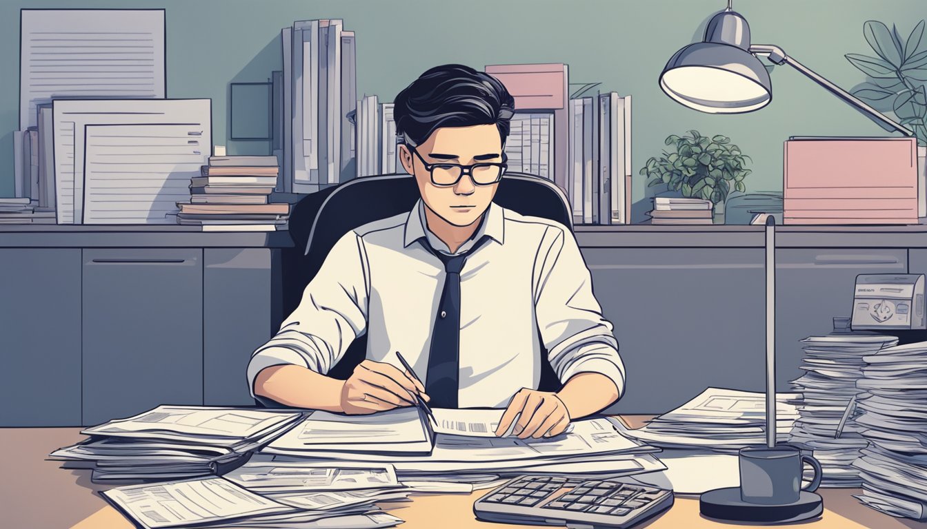 A person sitting at a desk, surrounded by financial documents and a calculator. They are deep in thought, pondering the amount of salary needed to afford a car in Singapore