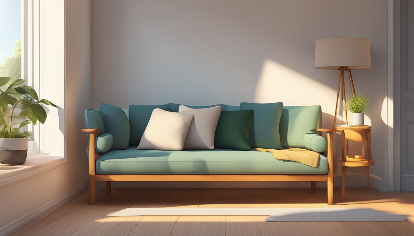 A teak sofa sits against a white wall, bathed in warm sunlight from a nearby window
