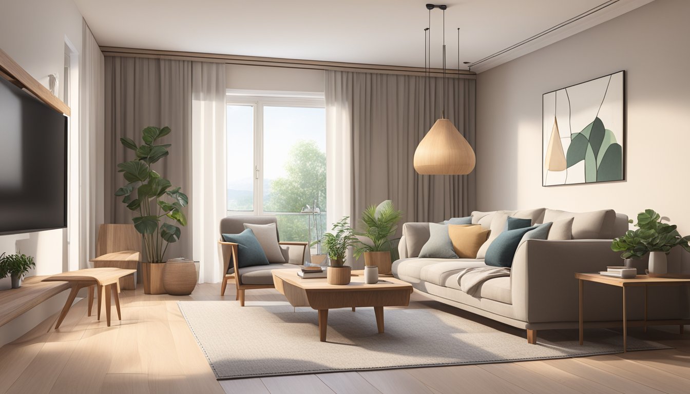 A cozy living room with minimalistic furniture, neutral colors, natural light, and wooden accents