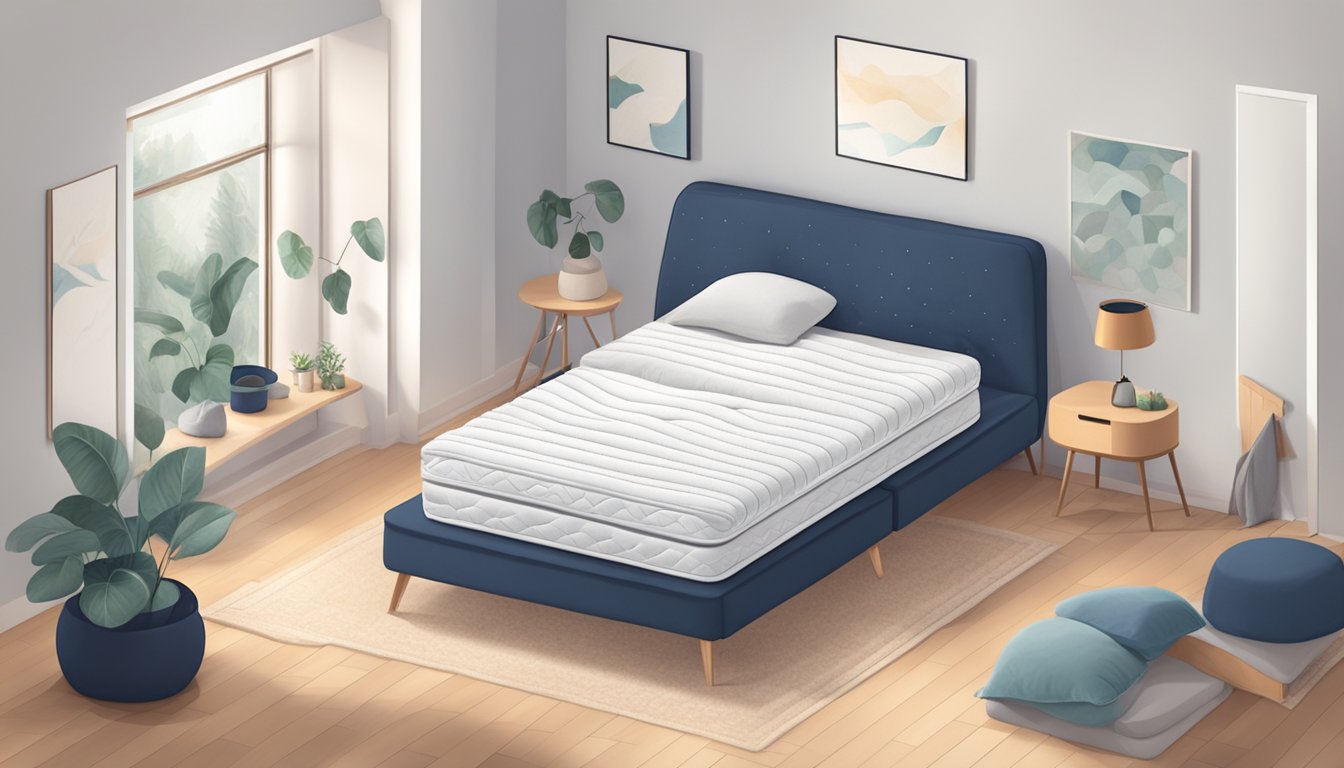 A person unfolds a compact mattress in a cozy room, surrounded by pillows and blankets. The mattress is sturdy yet flexible, showcasing its versatility