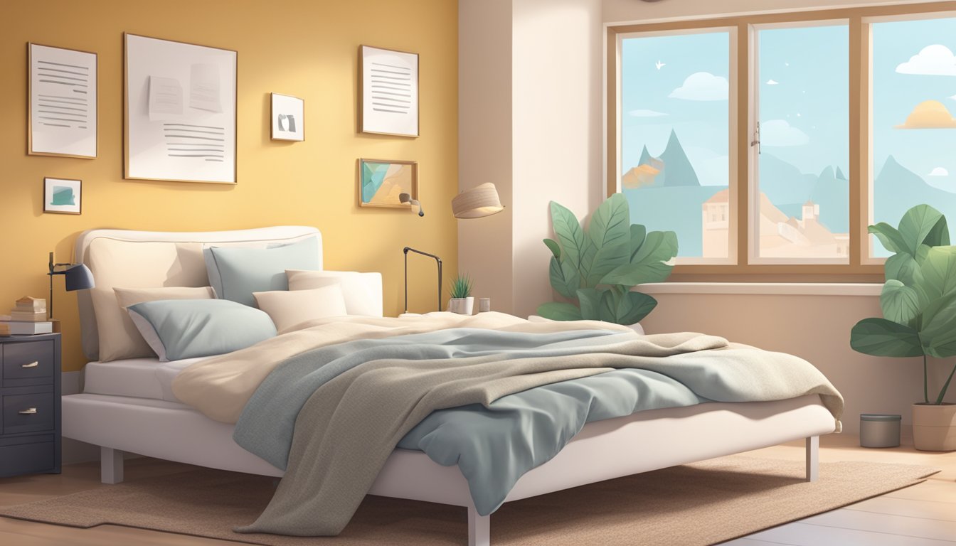 A cozy bedroom with a neatly folded, comfortable mattress in the corner, surrounded by positive customer reviews and recommendations on the wall