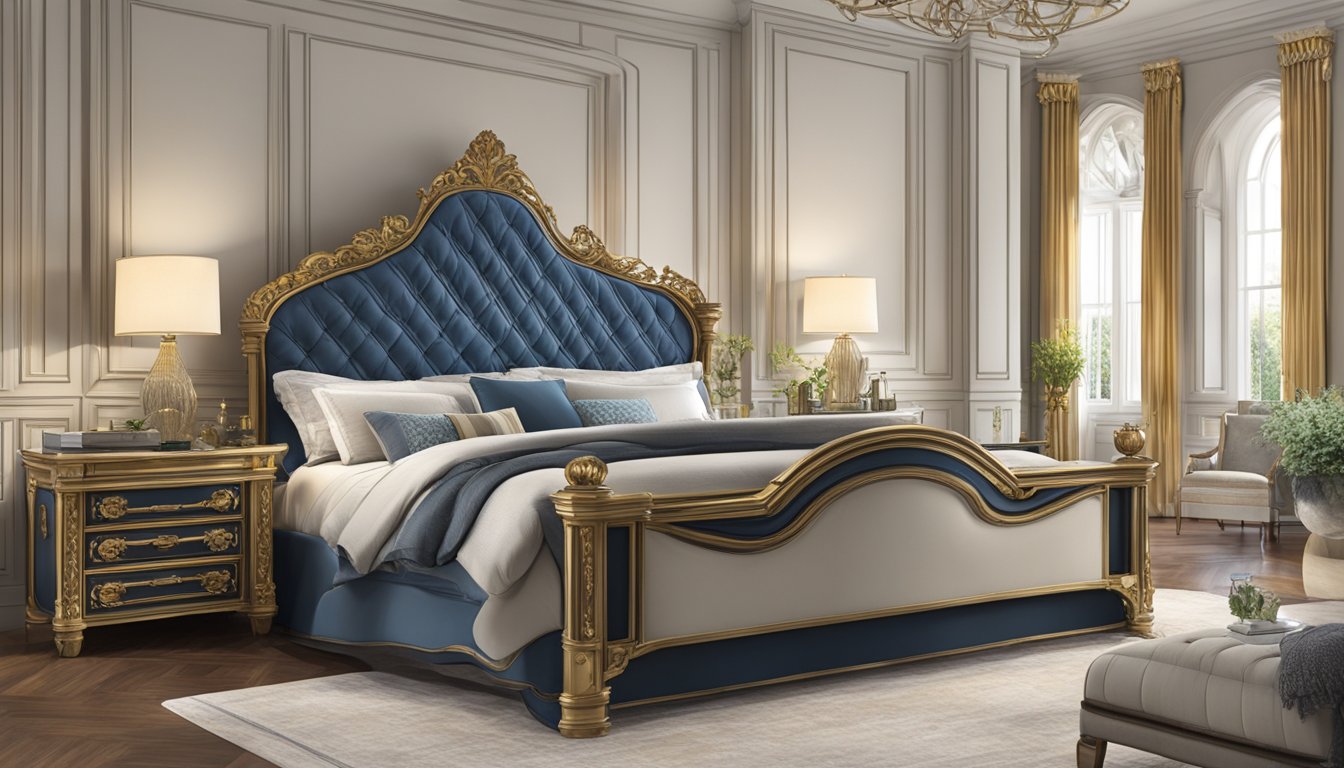 A grand bed, vast and regal, with towering headboard and expansive length, fit for a monarch