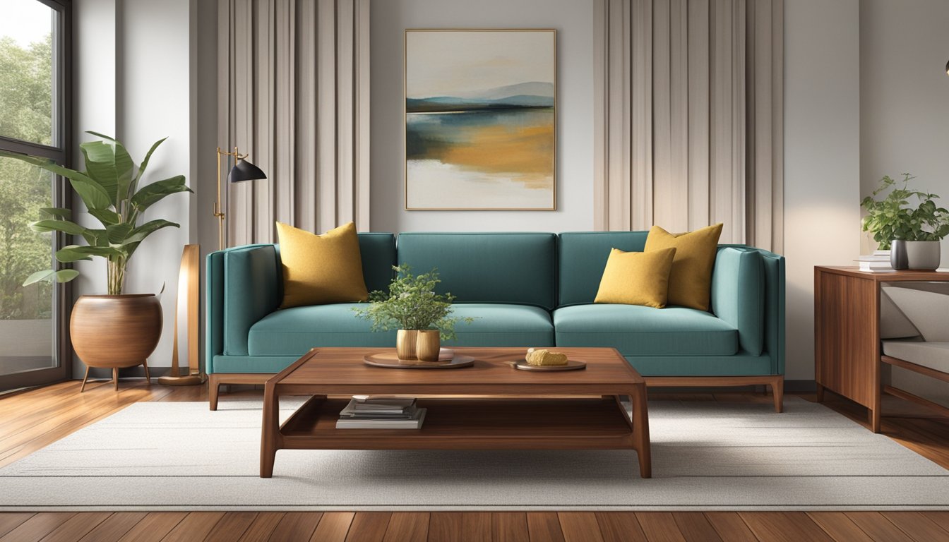 A teak sofa stands in a well-lit room, its sleek design exuding an air of modern elegance. The rich wood grain and clean lines of the piece convey a sense of timeless sophistication