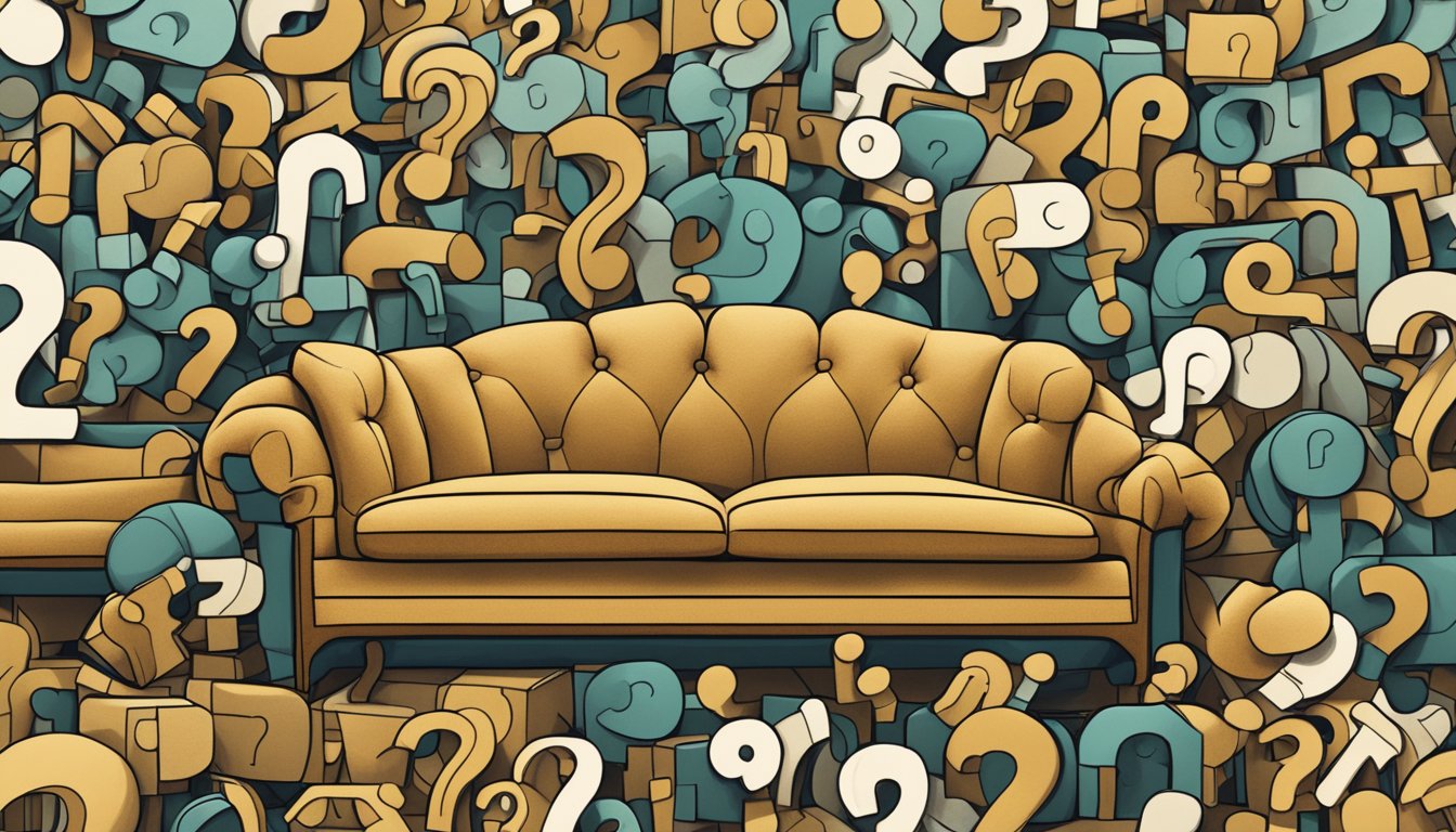 A teak sofa surrounded by a cluster of question marks, suggesting a sense of curiosity and inquiry
