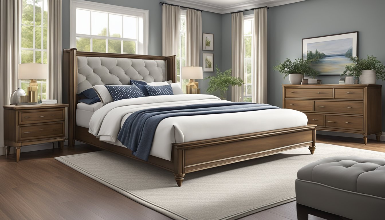 A king-sized bed with a mattress measuring 76 inches wide and 80 inches long, surrounded by a sturdy bed frame and topped with luxurious bedding