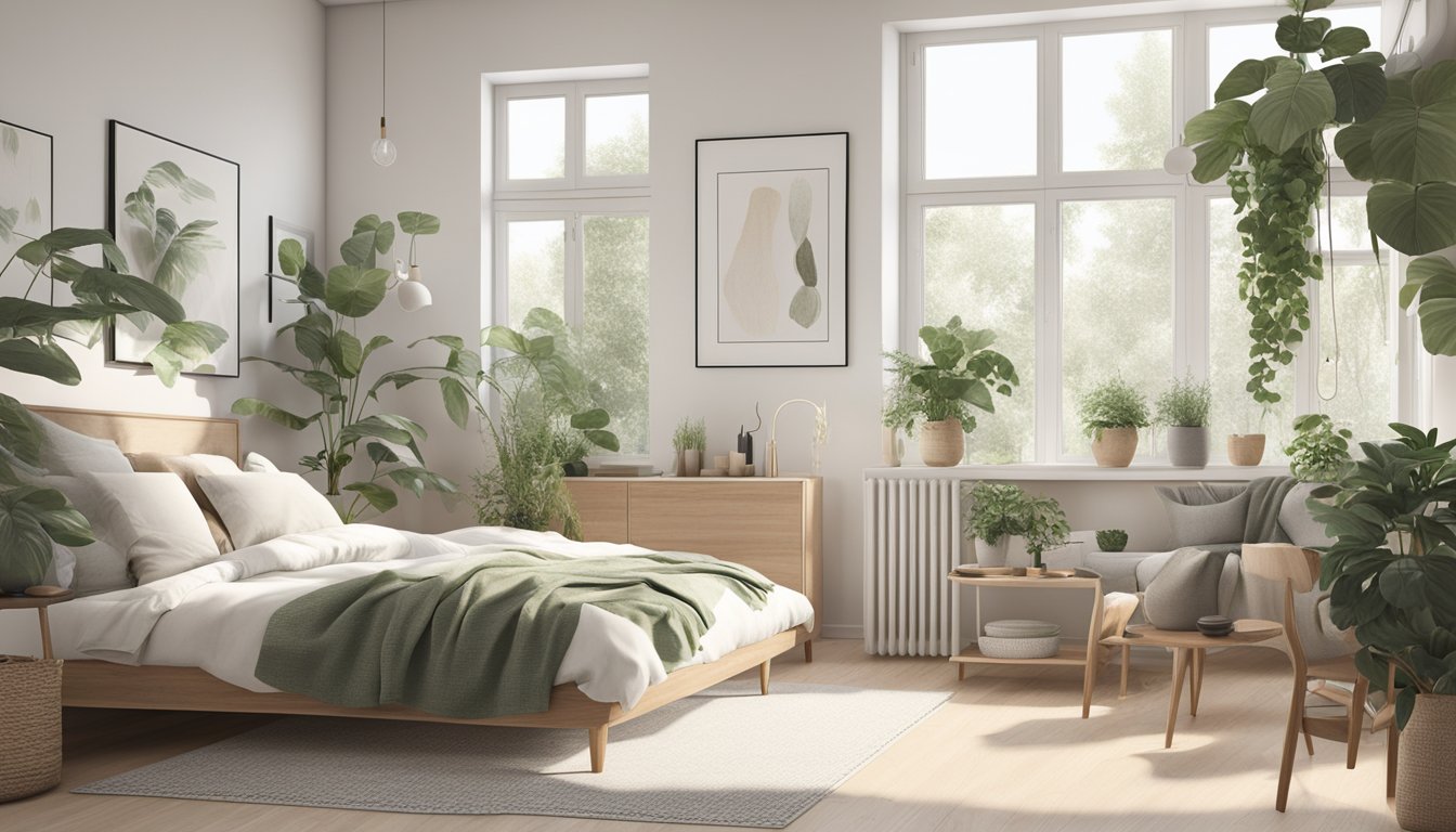 A cozy Scandinavian interior with minimalist furniture, natural light streaming through large windows, and neutral color palette. Textured textiles and green plants add warmth and a touch of nature to the space