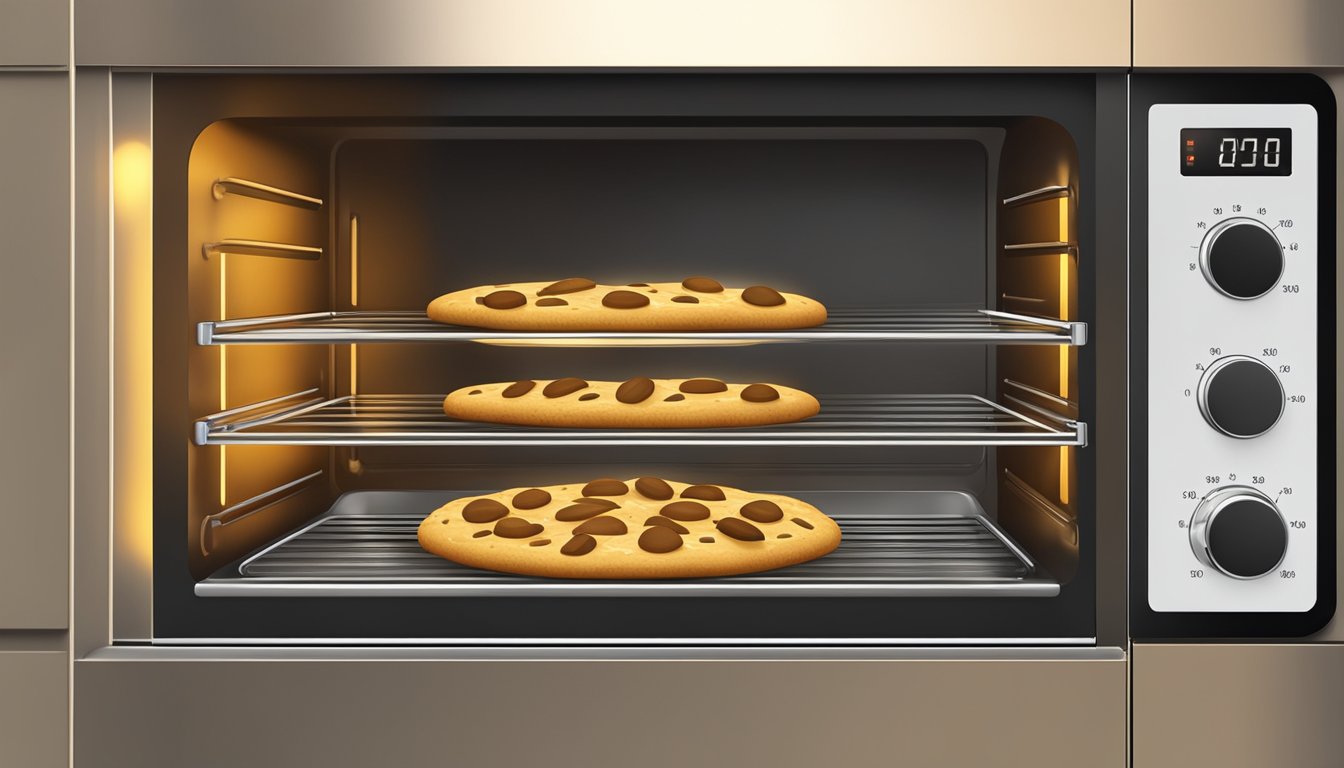 A modern stainless steel oven with a digital display and glass door, emitting a warm glow from the interior while a batch of perfectly golden brown cookies sit on a baking tray inside