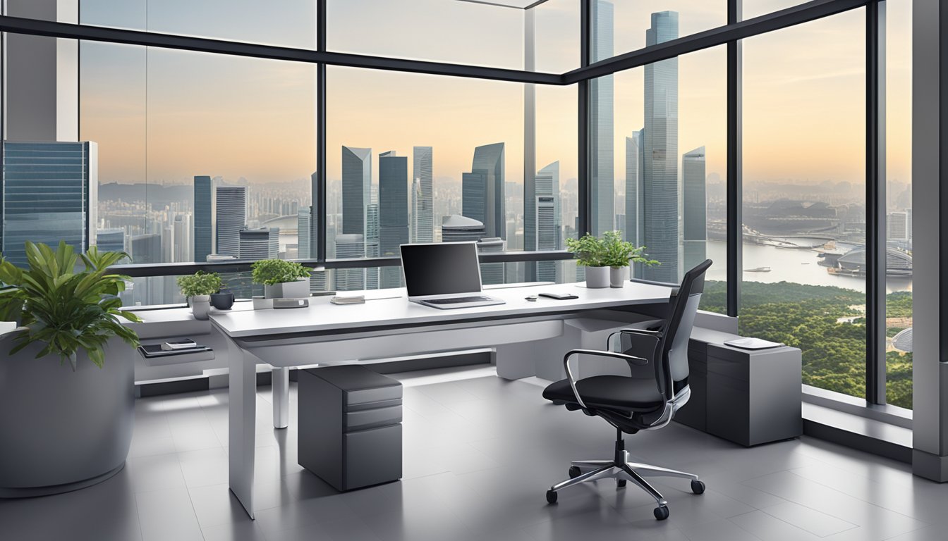 A sleek, modern ergonomic table in a well-lit Singapore office with a city view
