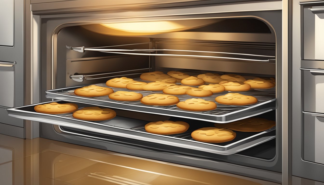 A fully stocked baking oven with trays of cookies, pies, and bread. The oven door is open, revealing a warm, golden glow