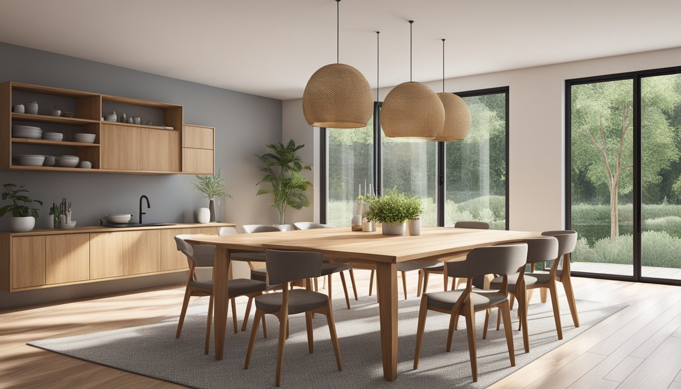 A wooden extendable dining table with chairs set around it in a well-lit room