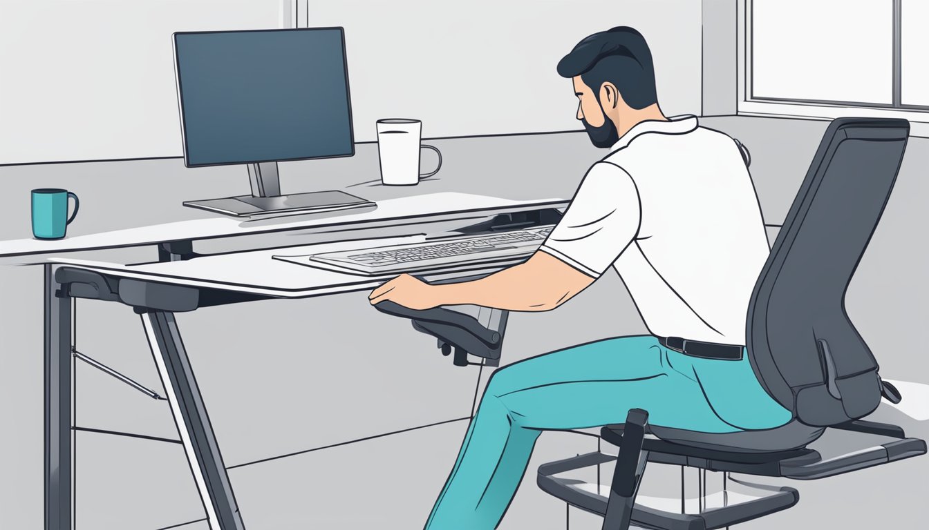 A person sits comfortably at an ergonomic table, with adjustable height and angle. The table supports proper posture and reduces strain, promoting well-being
