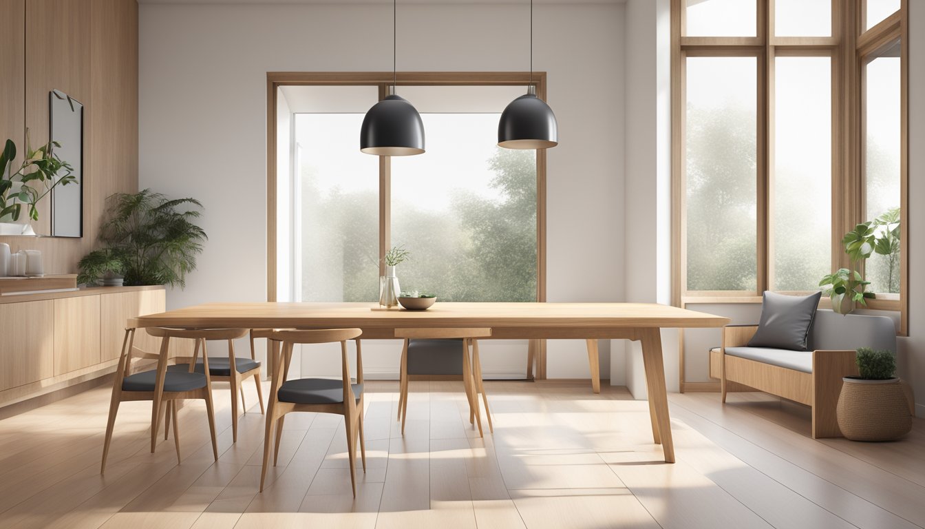 A wooden extendable dining table in a modern, minimalist setting with clean lines and natural light