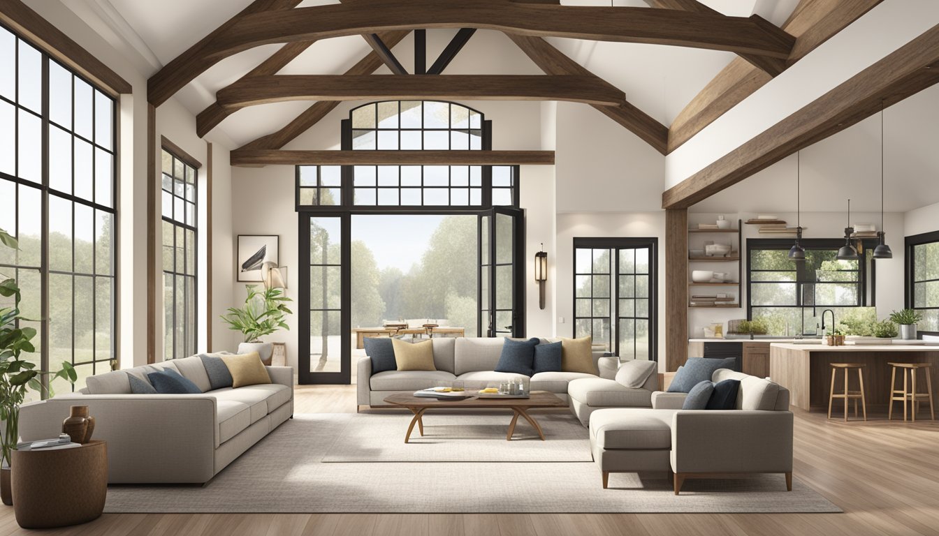 A spacious, open-concept living area with rustic wood beams, neutral color palette, and natural light pouring in from large windows