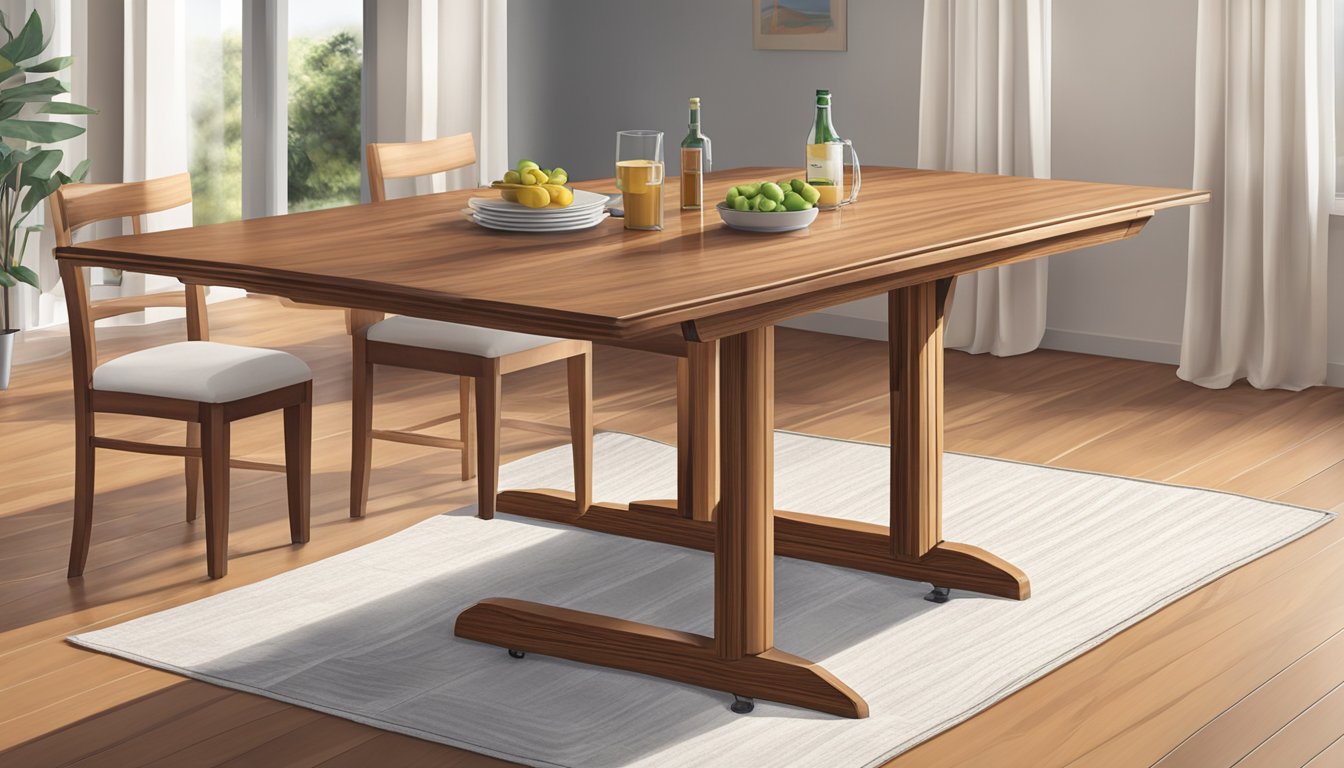 A wooden extendable dining table is being opened to its full length, showing its smooth and sturdy mechanism. A bottle of wood polish and a cloth are nearby, ready for use