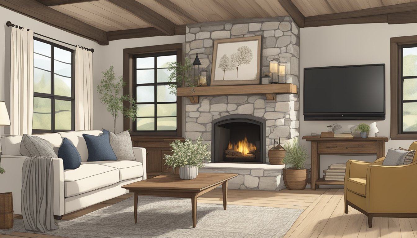 A cozy living room with exposed wooden beams, shiplap walls, and a stone fireplace. Neutral colors, rustic furniture, and vintage accents create a warm and inviting atmosphere