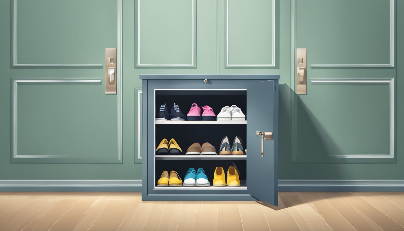 A shoe cabinet with a lock stands against the wall, its doors closed and secured. Pairs of shoes are neatly organized inside, with some spilling out