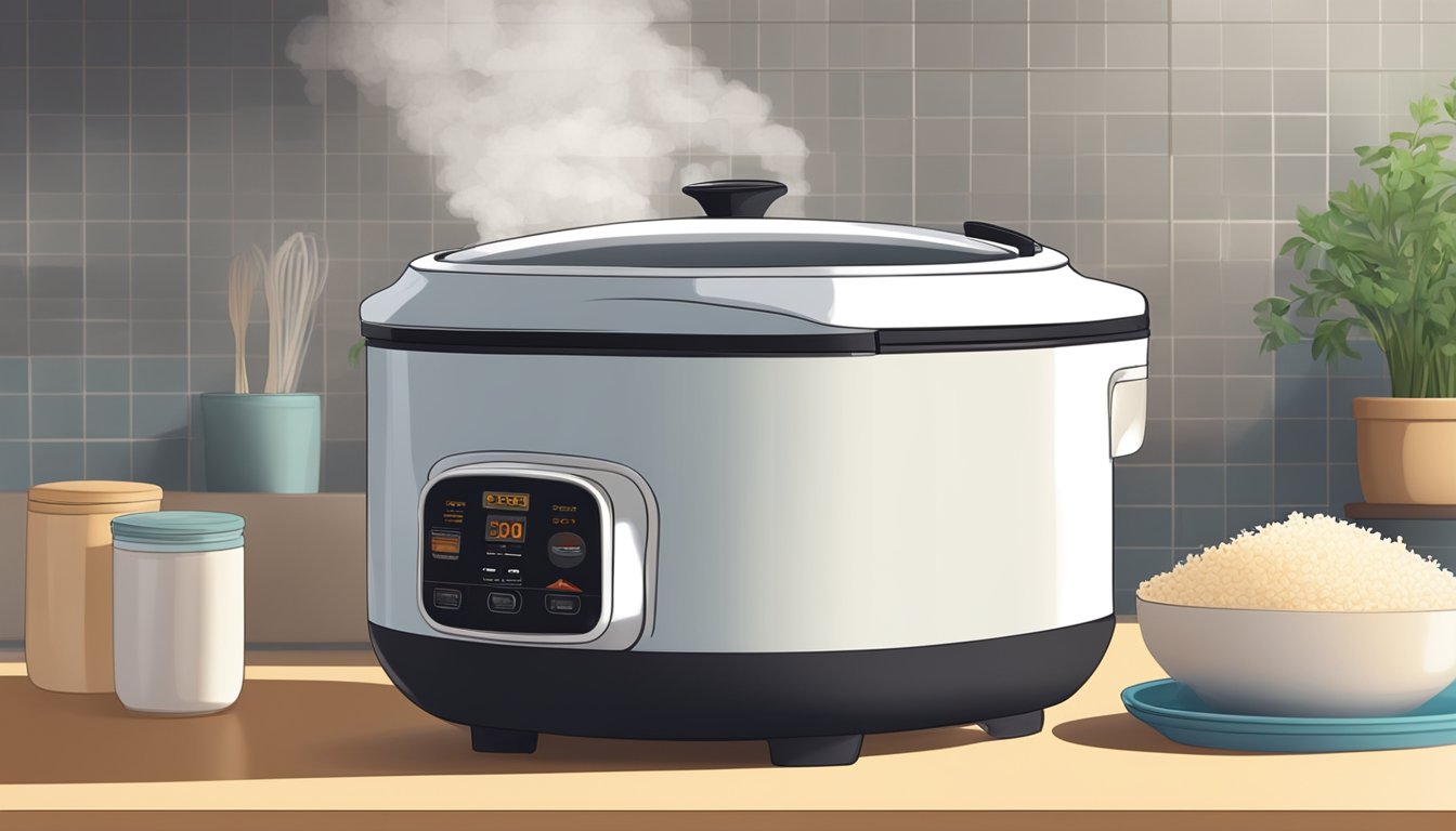 A ceramic rice cooker sits on a kitchen counter, steam rising from the lid as fluffy rice cooks inside