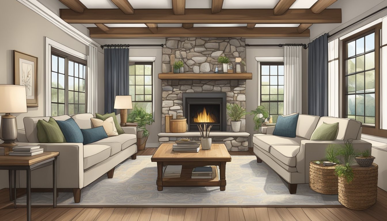 A cozy living room with exposed wooden beams, a large stone fireplace, and comfortable, neutral-colored furniture. A mix of vintage and modern decor accents the space