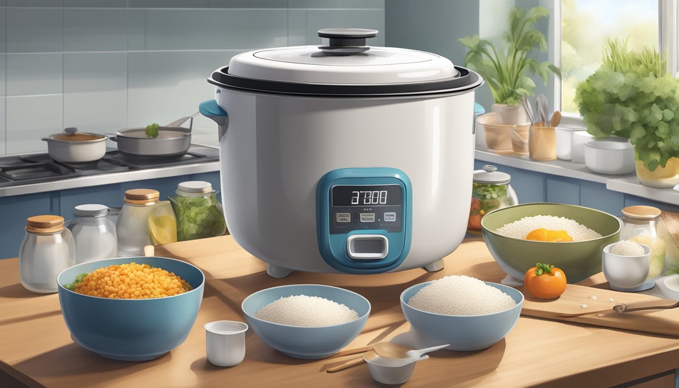 A ceramic rice cooker stands on a kitchen countertop, surrounded by various ingredients and utensils. Steam rises from the open lid, indicating that the rice inside is being cooked