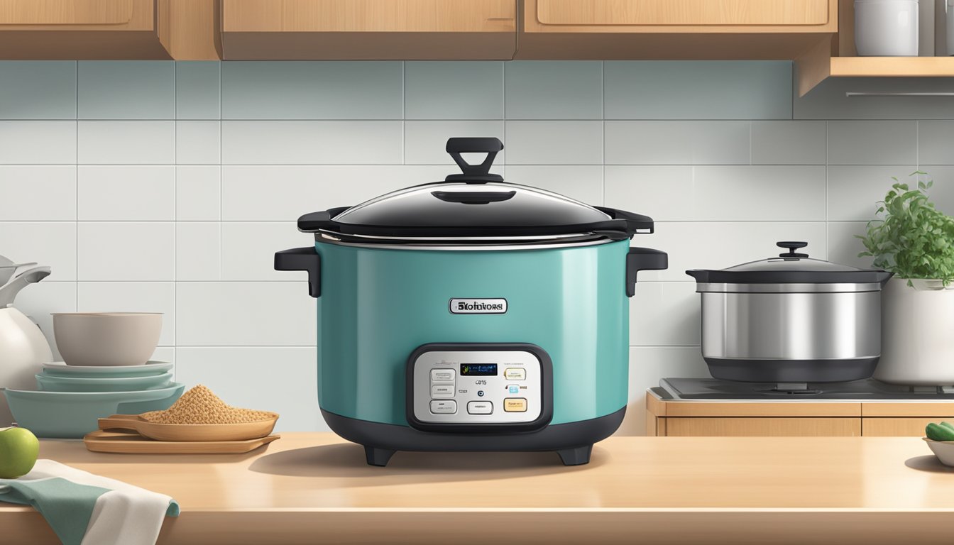 A ceramic rice cooker sits on a clean kitchen counter, steam escaping from the lid. The display shows "Making the Right Choice" in bold letters