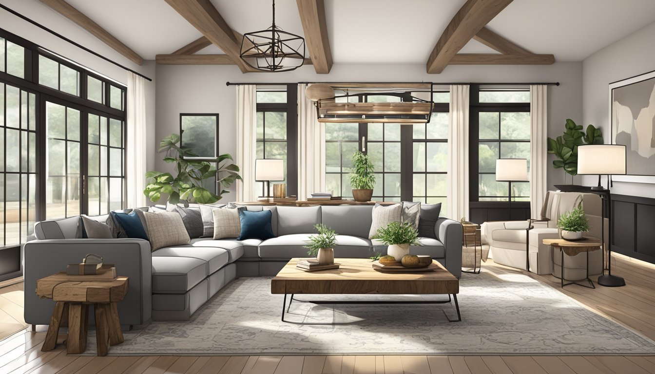 A spacious, well-lit living room with a mix of rustic and modern elements. A large, comfortable sectional sofa, a reclaimed wood coffee table, and a statement lighting fixture create a cozy and inviting atmosphere