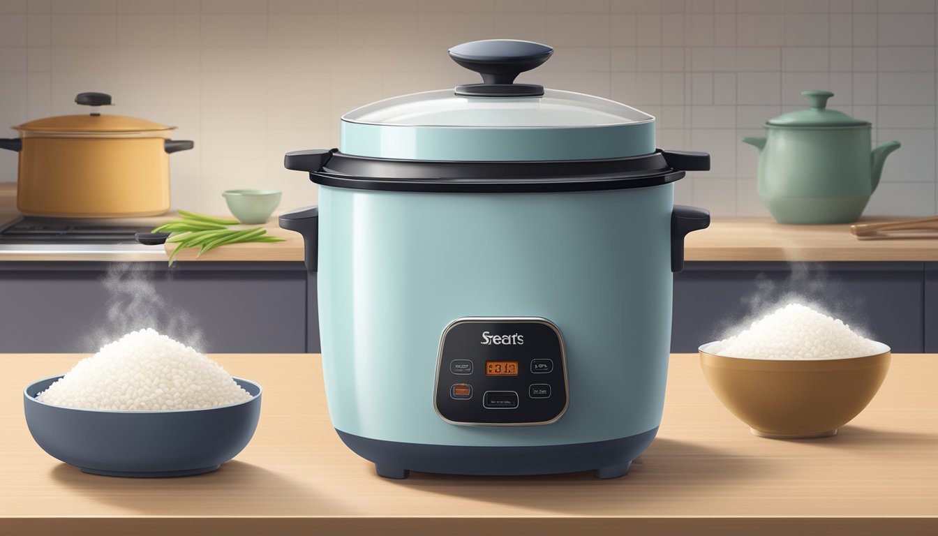 A ceramic rice cooker sits on a kitchen countertop, steam rising from its vent as it cooks fluffy grains of rice