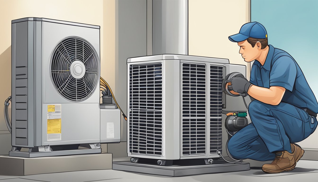The technician inspects the aircon compressor, identifying and repairing the source of the noisy disturbance