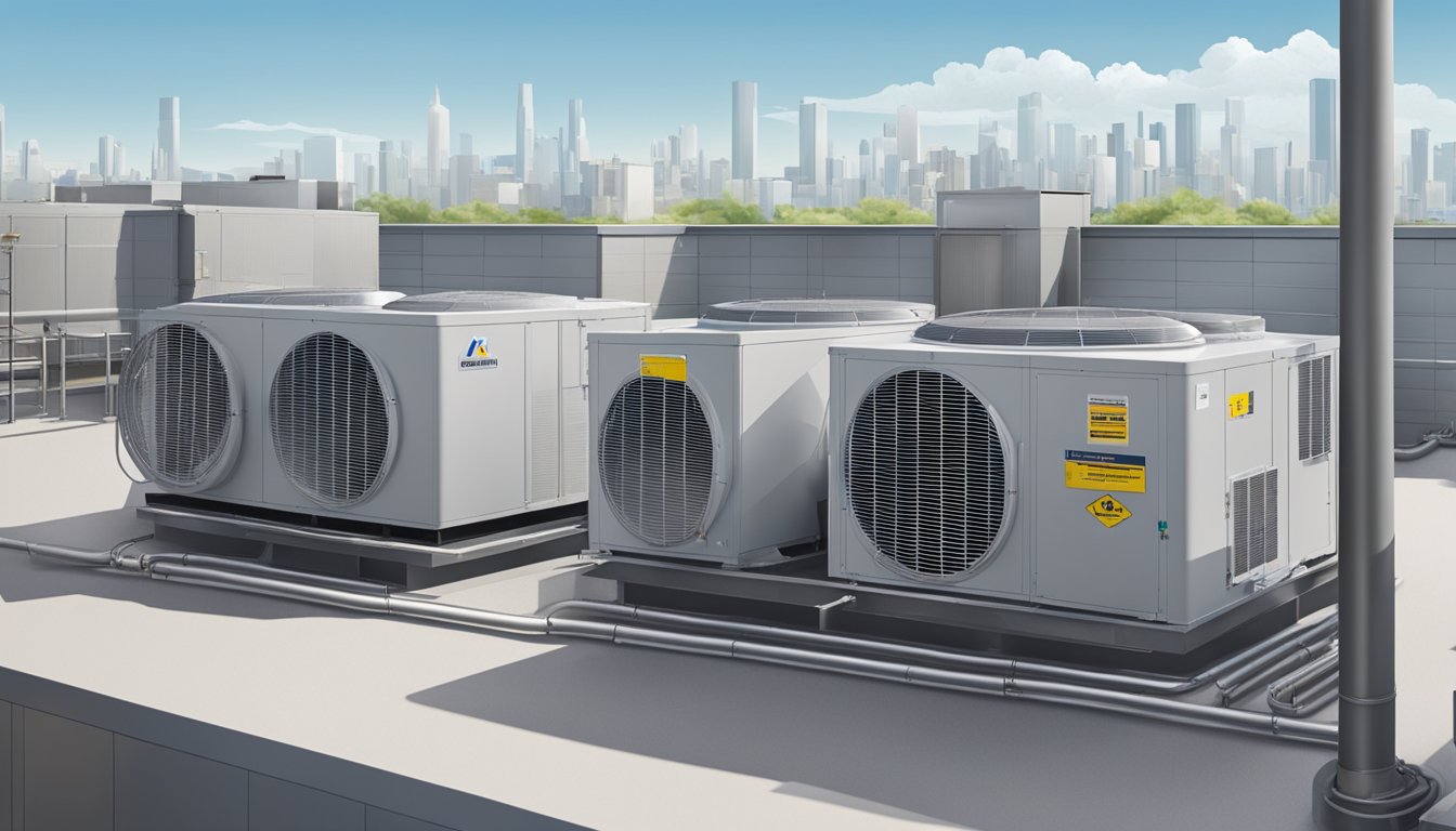 A large air conditioning unit sits on a rooftop, surrounded by metal grates and ductwork. Its size dominates the space, with industrial pipes and vents leading to and from it