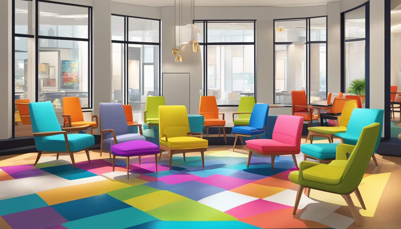 Various colorful chairs are displayed in a well-lit showroom, inviting customers to test their comfort and style. Bright signage and attractive décor enhance the shopping experience