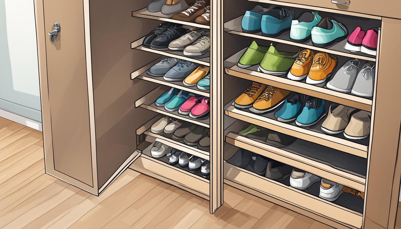 A shoe cabinet with a lock, neatly organized with various pairs of shoes inside, showcasing its ability to keep footwear secure and organized