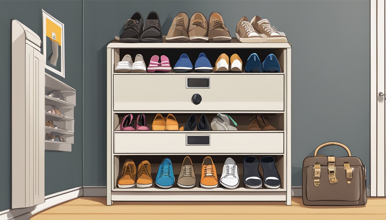 A shoe cabinet with a lock, neatly organized with various pairs of shoes inside, with a clear label indicating "Frequently Asked Questions."