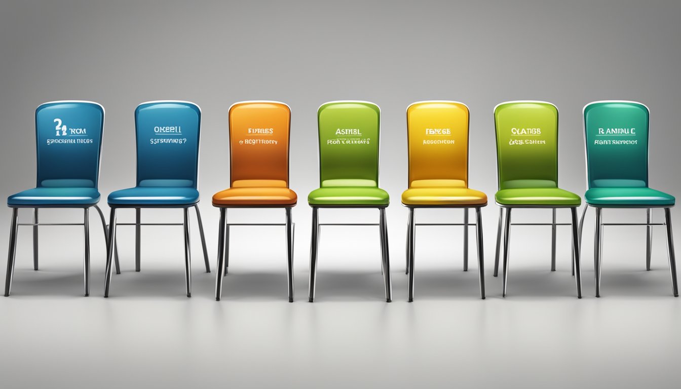 A row of colorful chairs with "Frequently Asked Questions" signs for sale