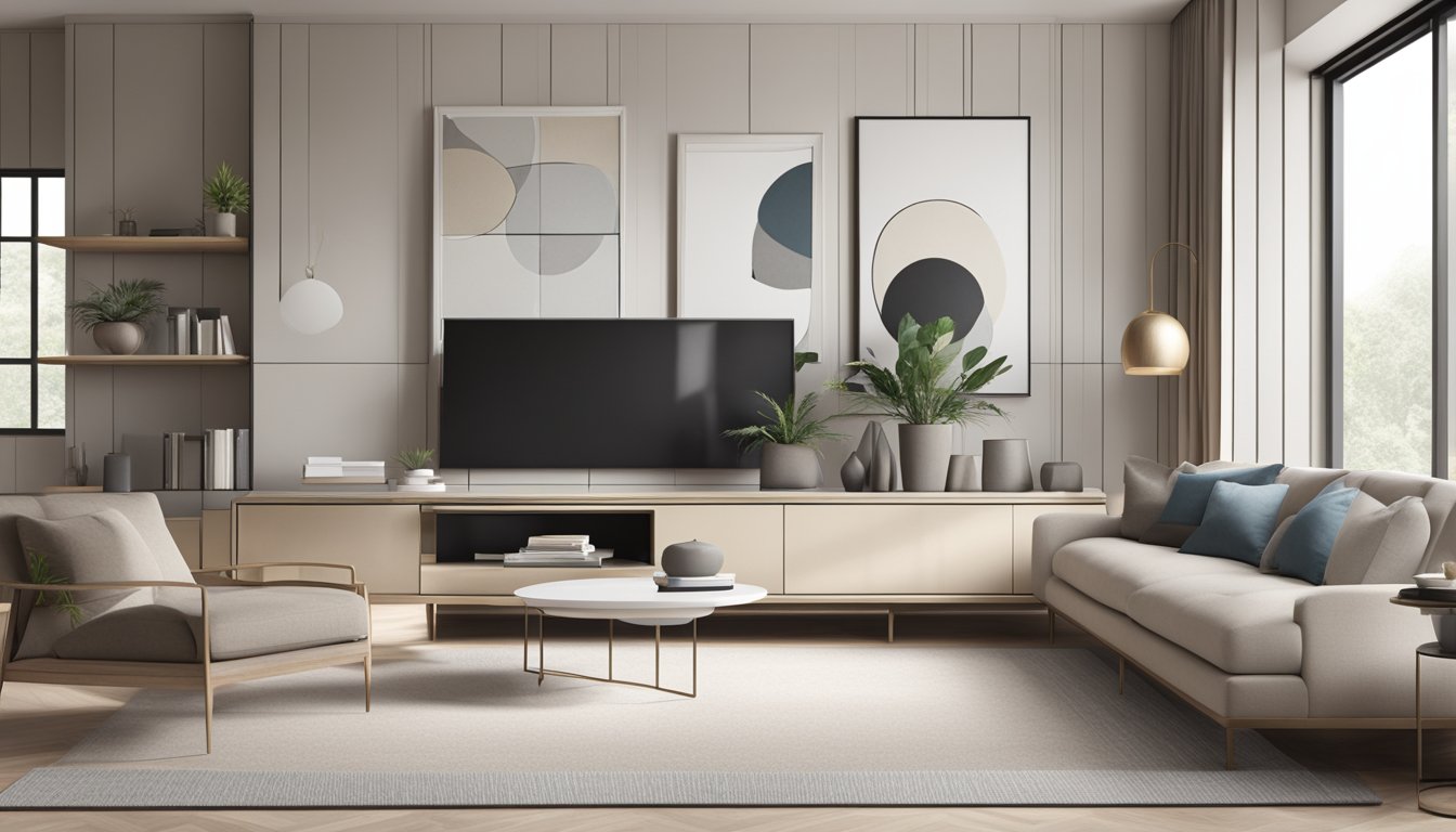 A modern, minimalist living room with sleek furniture and clean lines. Neutral colors and geometric patterns add a sense of sophistication