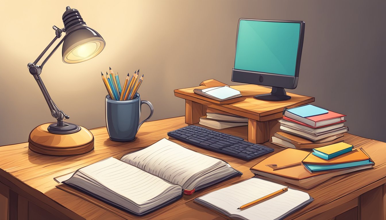 A wooden study table with a stack of books, a desk lamp, and a notepad with a pencil