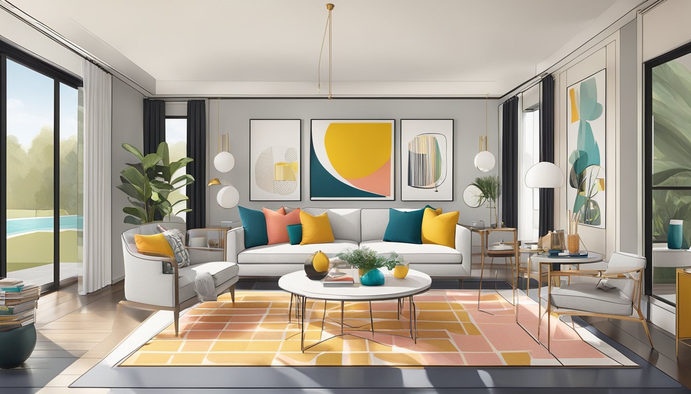 A modern living room with sleek furniture, geometric patterns, and pops of bold color. The space is filled with natural light and adorned with contemporary art pieces