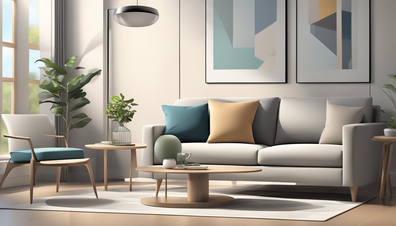 A sleek, minimalist living room with clean lines and neutral colors. A contemporary sofa, coffee table, and floor lamp complete the modern furniture ensemble